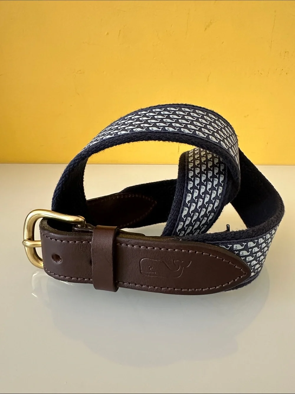 Vineyard Vines Navy Whale-Print Webbing Belt with Brown Leather Trim Size 30